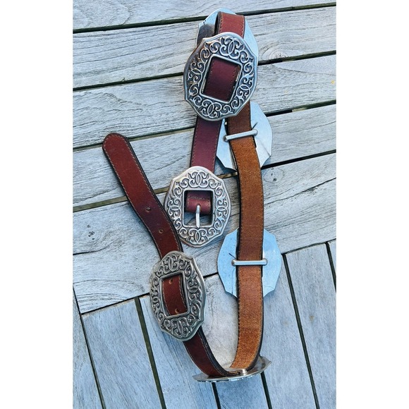 Vtg 90's Brighton Oval Sunflower Concho Belt S Brown Leather Floral Boho Cowgirl - Picture 3 of 15
